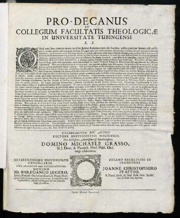 Pro-Decanus Et Collegium Facultatis Theologicae In Universitate Tubingensi L. S.
