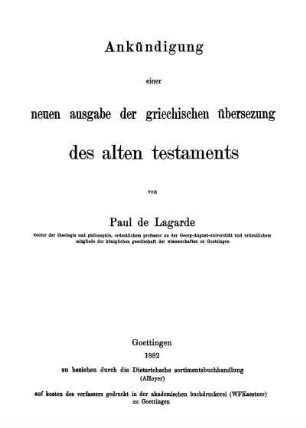 Ankündigung einer neuen Ausgabe der griechischen Übersezung des alten Testaments