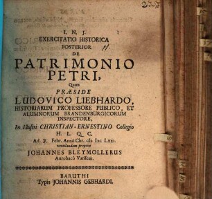 Exercitatio Historica Posterior De Patrimonio Petri