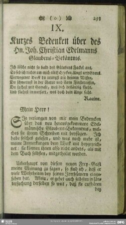 IX. Kurzes Bedenken über des Hn. Joh. Christian Edelmanns Glaubens-Bekäntnis
