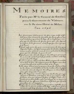 Mémoires faits par Mr le Général de Goulon pour le Gouverneur de Valence sur le Po dans l'Estat de Milan l'an 1696