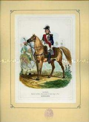 Uniformdarstellung, Marschall Nicolas-Jean de Dieu Soult als Generaloberster der Garde-Jäger zu Fuß der Kaisergarde, Frankreich, um 1802. Aus: Bellangé: Die Soldaten der französischen Republik und des Kaiserreichs.
