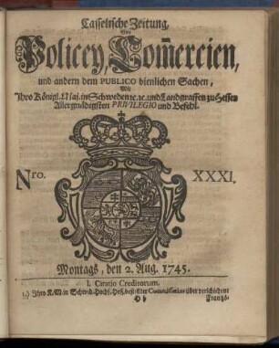 Nro. XXXI, Montags, den 2. Aug. 1745
