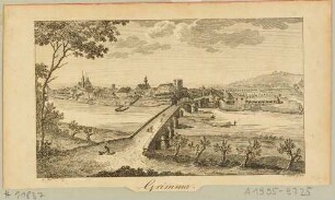 Die Stadt Grimma in Sachsen mit der Pöppelmannbrücke, der Augustinerkirche und dem Schloss, Blick über die Mulde aus nordöstlicher Richtung