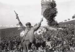 Ein "Wingert-Schütze" in den Weinbergen am Rhein. Diese Feldhüter bewachen mit Pistole ausgerüstet die Weinberge vor Staren und Sperlingen.