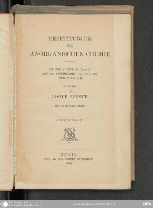 Repetitorium der anorganischen Chemie : mit besonderer Rücksicht auf die Studirenden der Medicin und Pharmacie