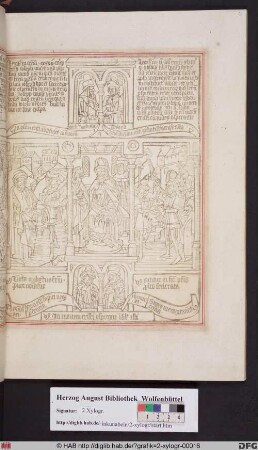 Drei biblische Szenen umgeben von vier Propheten. Mittig: Judas vor den Hohepristern. Links: Jakob wird von seinen Söhnen getäuscht. Rechts: Absalom verrät seinen Vater David.