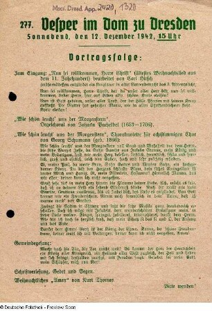 Programmzettel der 277. Vesper im Dom (Frauenkirche) zu Dresden am 12. Dezember 1942. Vorderseite