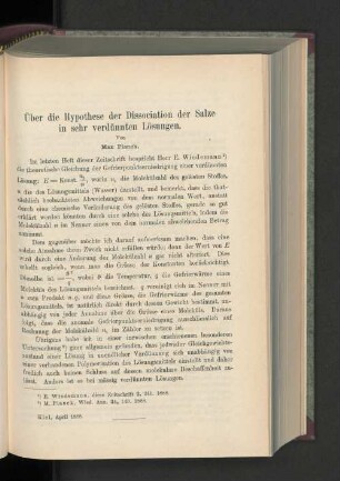 Über die Hypothese der Dissociation der Salze in sehr verdünnten Lösungen.