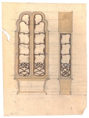 Entwurf eines Schranks : Vorder- und Seitenansicht einer Vitrine mit Sockel und Glasaufsatz; Glaseinsatz auch seitlich sichtbar