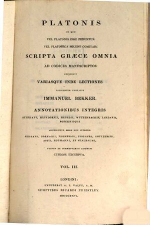 Platonis et quae vel Platonis esse feruntur vel Platonica solent comitari scripta Graece omnia ad codices manuscriptos, 3