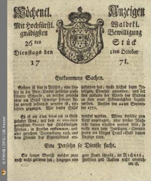 26tes Stück, Dienstags den 1ten October 1771