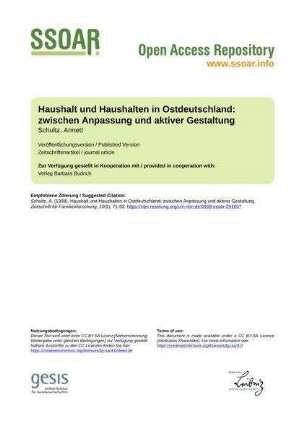 Haushalt und Haushalten in Ostdeutschland: zwischen Anpassung und aktiver Gestaltung
