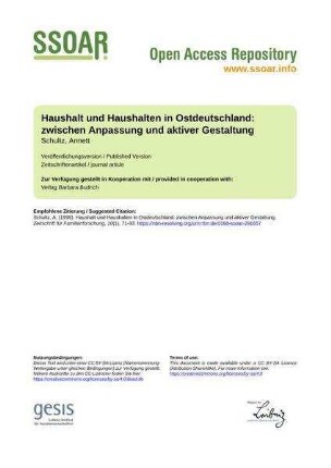 Haushalt und Haushalten in Ostdeutschland: zwischen Anpassung und aktiver Gestaltung