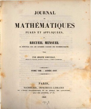 Journal de mathématiques pures et appliquées. 8. 1843