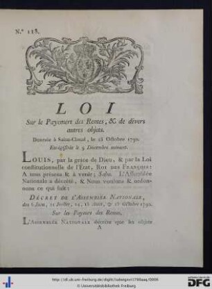 Loi, Sur le Payement des Rentes, & de divers autres objets.