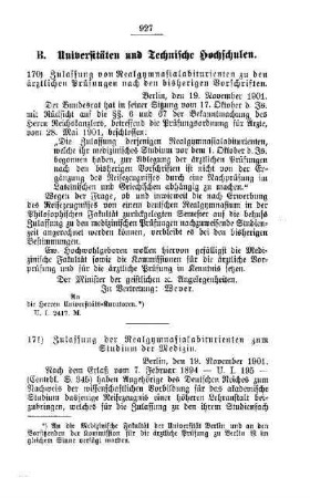 Zulassung von Realgymnasialabiturienten zum Studium der Medizin : [B. Universitäten und Technische Hochschulen]