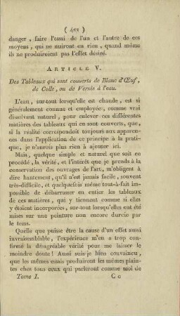 Article V. Des Tableaux qui sont couverts de Blance d'Œuf, de Colle, ou de Vernis á l'eau.