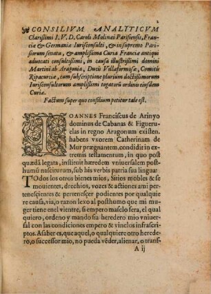 Consilium analyticum clarissimi viri J. V. D. Caroli Molinaei ... in causa illustrissimi domini Martini ab Arragonia ducis Villaeformosae