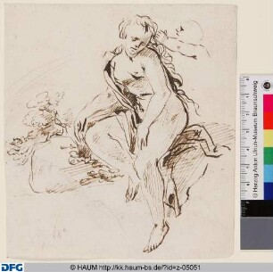 Auf einem Felsen sitzende Venus mit geneigtem Kopf, der ein angedeuteter Putto ins Haar fasst