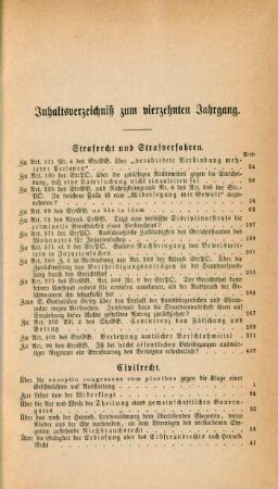 Inhaltsverzeichniß zum vierzehnten Jahrgang