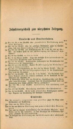 Inhaltsverzeichniß zum vierzehnten Jahrgang