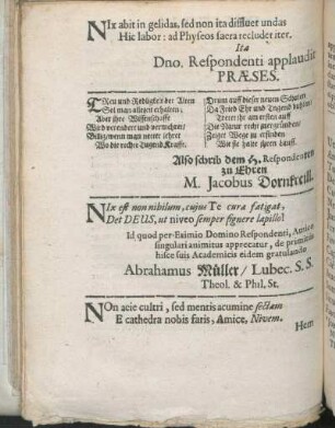 Gratulationes [Beiträger: Præses. M. Jacobus Dornkreill. Abrahamus Müller. Paulus Sperling. Cosmas Elrodius.]