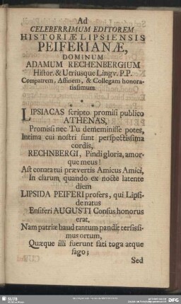 Ad Celeberrimum Editorem Historiae Lipsiensis Peiferianae, Dominum Adamum Rechenbergium
