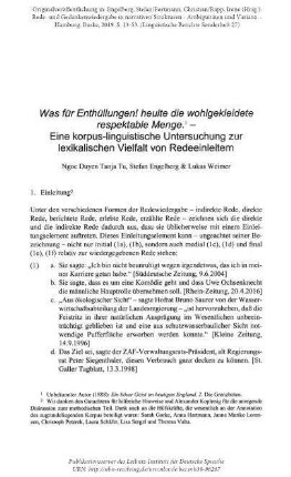 Was für Enthüllungen! heulte die wohlgekleidete respektable Menge – Eine korpus-linguistische Untersuchung zur lexikalischen Vielfalt von Redeeinleitern