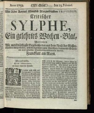 (XV. Stück.) den 19. Februari. Anno 1752.
