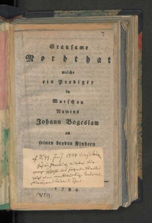 Grausame Mordthat welche ein Prediger in Warschau Namens Johann Bogeslaw an seinen beyden Kindern begangen