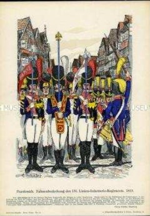 Uniformdarstellung, Fahnenbedeckung des 151. Linien-Infanterie-Regiments, Kaiserreich Frankreich, 1813.