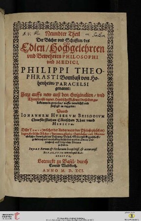 [Druck:] Paracelsus, Opera, Bd. 9, Basel: Konrad von Waldkirch, 1591