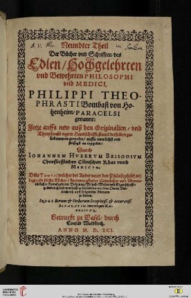 [Druck:] Paracelsus, Opera, Bd. 9, Basel: Konrad von Waldkirch, 1591