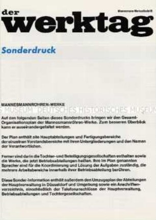Sonderdruck der Werkszeitung "Der Werktag" mit dem Organisationsplan der Mannesmannröhren-Werke - Sachkonvolut
