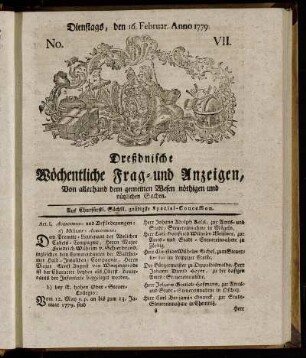 Dienstags, den 16. Febuar. Anno. 1779. No. VII. - Dienstags, den 30. Martii, Anno. 1779. No. XIII.