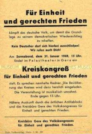Einladung zum Kreiskongress für Einheit und gerechten Frieden in Gera