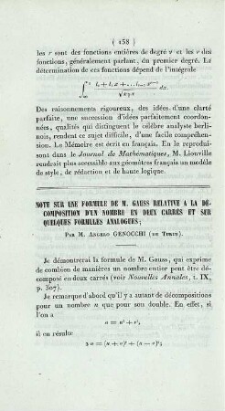 Note sur une formule de M. Gauss relative a la décomposition d´un nombre en deux carrés et sur quelques formules analogues.