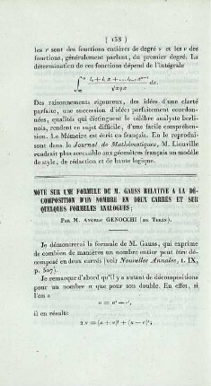 Note sur une formule de M. Gauss relative a la décomposition d´un nombre en deux carrés et sur quelques formules analogues.