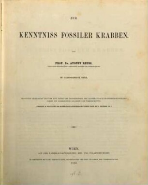 Zur Kenntniss fossiler Krabben : vorgelegt in der Sitzung der mathematisch-naturwissenschaftlichen Classe am 12. November 1857