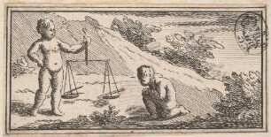 Vignette mit zwei Putti beim Experimentieren mit Waage, Zirkel und Lineal, zu: Andrea Piovani: Demonstrationes geometricae in trisectionem anguli plani [...], Rom 1728