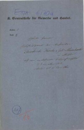 Einführungspatent der Mechaniker Friedrich Koch und Johannes Mannhardt in München auf eine verbesserte Torfpressmaschine