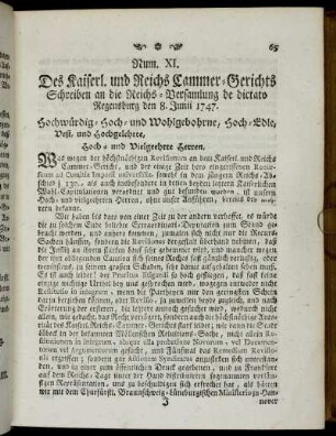 Num. XI. Des Kaiserl. und Reichs Cammer-Gerichts Schreiben an die Reichs-Versamlung[...]