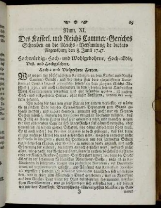 Num. XI. Des Kaiserl. und Reichs Cammer-Gerichts Schreiben an die Reichs-Versamlung[...]