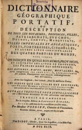 Dictionnaire Géographique Portatif, ou Description de tous les Royaumes,...