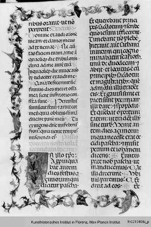 Missale Romanum : Textseite mit floraler Bordüre und Miniatur: Evangelist Markus