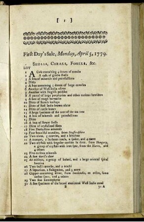 First Day's Sale, Monday, April 5, 1779.