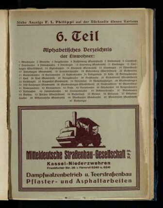 Alphabetisches Verzeichnis der Einwohner: Altenbauna, Altenritte, Bergshausen, Brasselsberg (Gartenstadt), Breitenbach, Crumbach, Dennhausen, Dittershausen, Dörnhagen, Eichenberg (Gutsbezirk), Eiterhagen, Eiterhagen (Oberförsterei), Eigershausen, Ellenbach (Gutsbezirk), Elmshagen, Eschenstruth, Freienhagen (Gutsbezirk), Frommershausen, Gahrenberg (Oberförsterei), Großenritte, Guntershausen, Harleshausen, Heckershausen, Heiligenrode, Helsa, Hertingshausen, Hoof, Hoof (Gutsbezirk), Ihringshausen, Kirchbauna, Kirchditmold (Oberförsterei), Knickhagen, Kragenhof (Gutsbezirk), Mönchehof, Niederkaufungen, Oberkaufungen, Stift Kaufungen (Gutsbezirk), Oberkaufungen (Oberförsterei), Niedervellmar, Obervellmar, Niederzwehren, Oberzwehren, Nieste, Nordshausen, Ochshausen, Rengershausen, Rothwesten, Sandershausen, Simmershausen, Vollmarshausen, Wahnhausen, Waldau, Waldau (Oberförsterei), Wattenbach, Weimar, Wellerode, Wilhelmshausen, Wilhelmshöhe (Gutsbezirk), Windhausen (Gutsbezirk), Winterbüren (Gutsbezirk), Wolfsanger