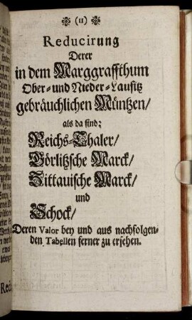 Reducirung Derer in dem Marggraffthum Ober- und Nieder-Lausitz gebräuchlichen Müntzen/