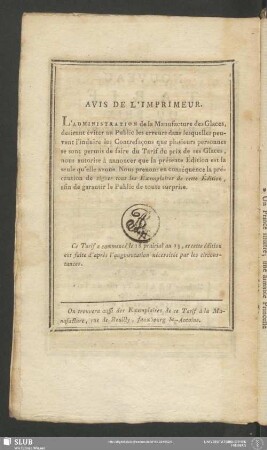 Avis De L'Imprimeur